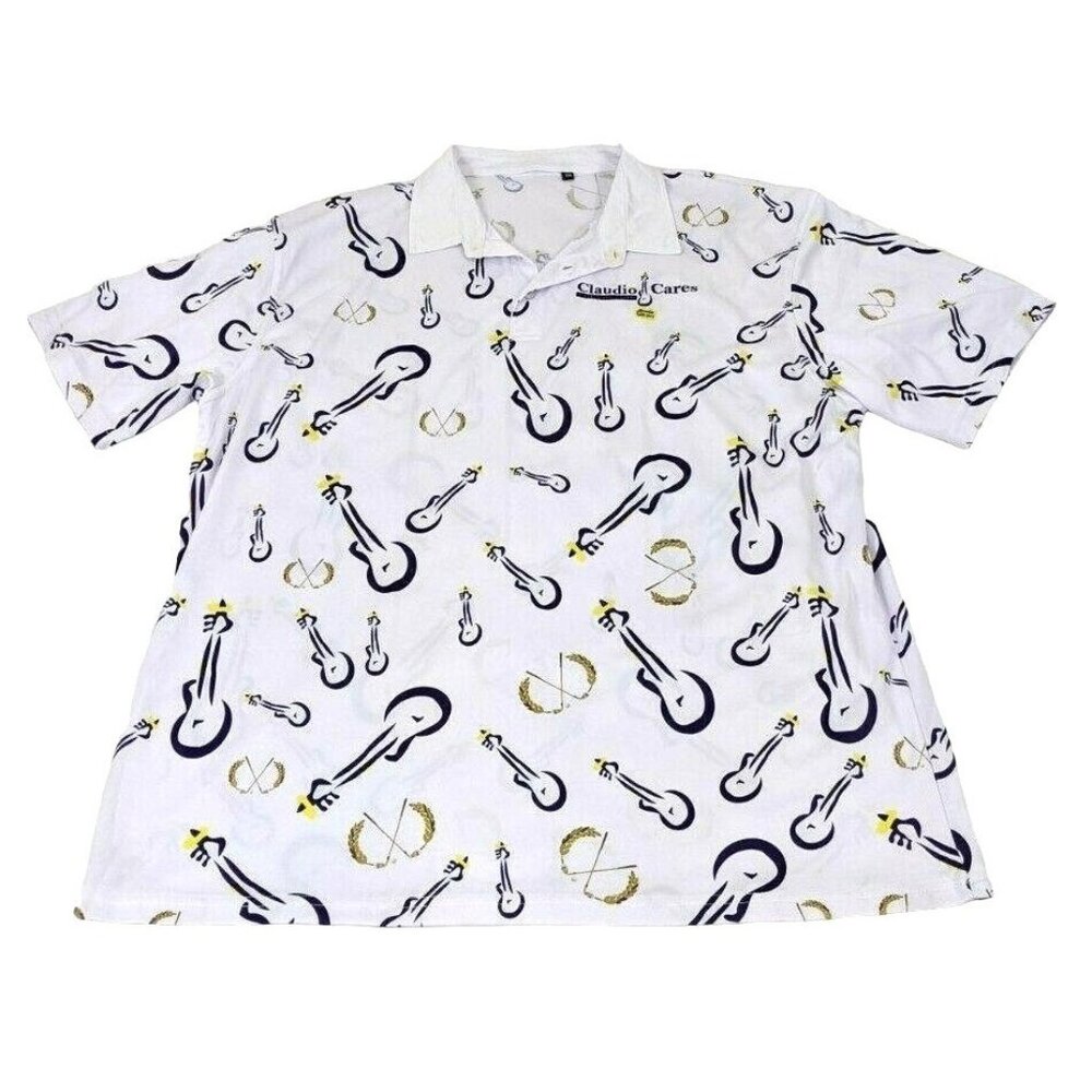 Claudio Cares Foundation Polo Shirt XXL White Guitar Pattern Short Sleeve 10f